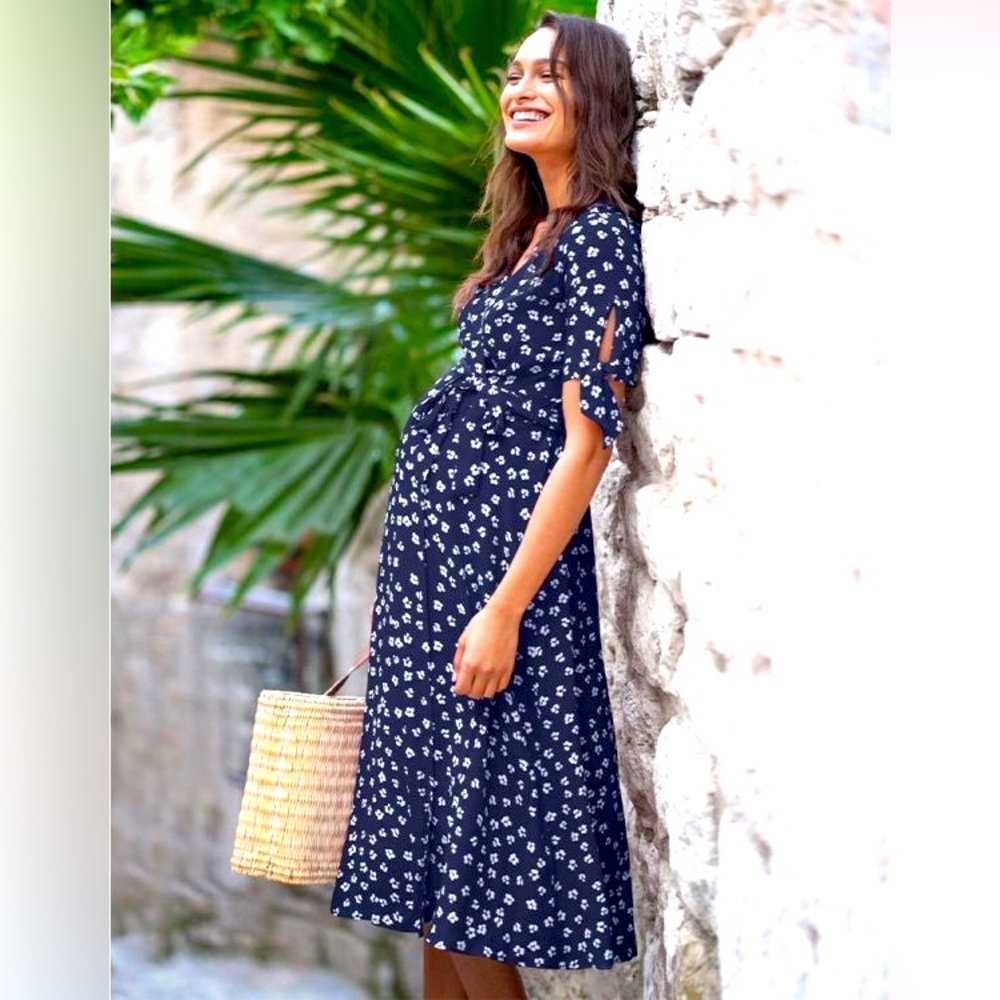 Seraphine Navy Blue Midi Wrap Maternity Dress - classic floral